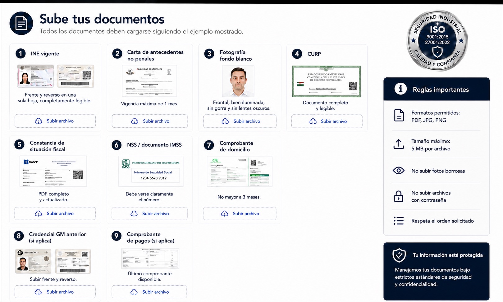 Ejemplos para fotografiar y subir los nueve documentos solicitados